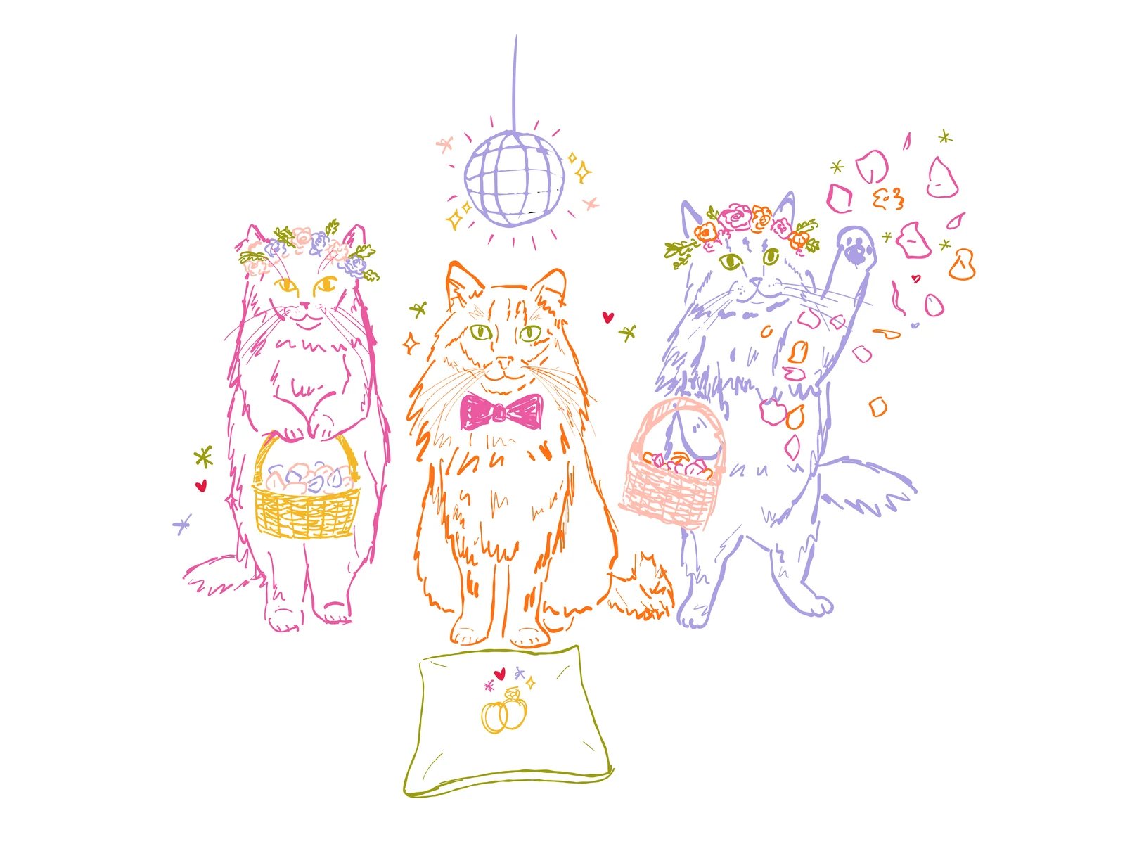 A sketch of Ayla, Luca and Kya in flower crowns, two of them carrying petal baskets and one standing over the ring pillow, under a hanging disco ball.