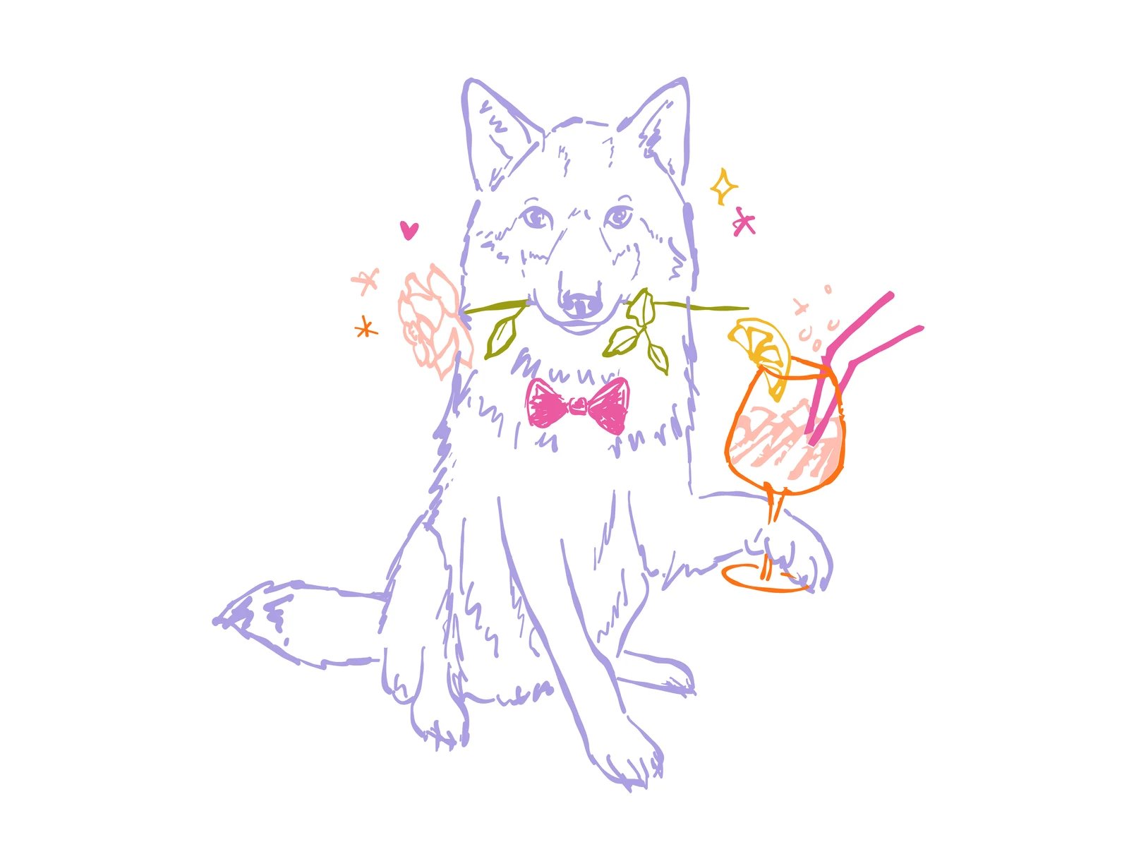 A sketch of a wolf in a peony bowtie, a rose held in its mouth and an Aperol spritz in one paw.