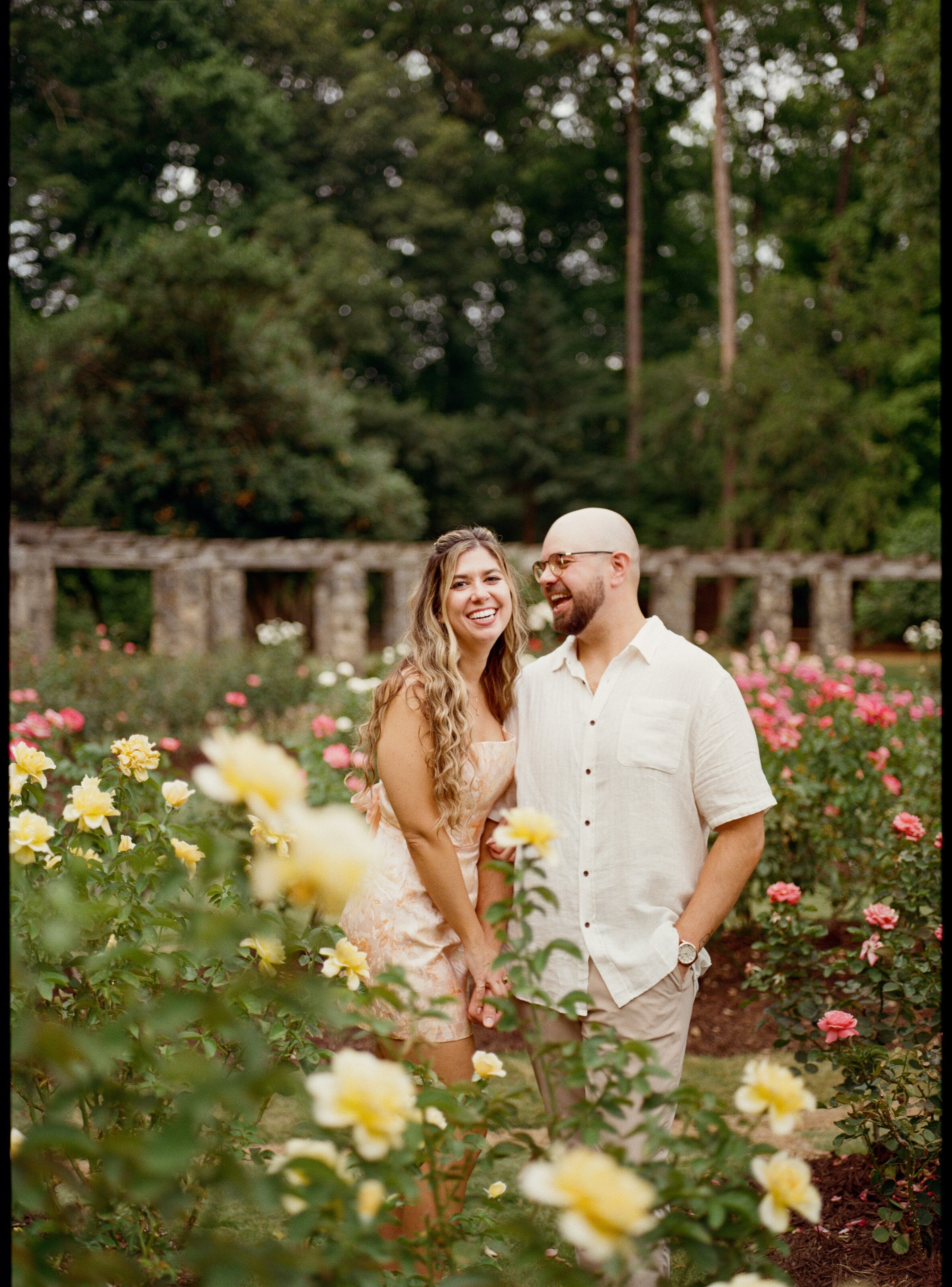 Framed by yellow roses in the foreground, both laughing at something off to the side.