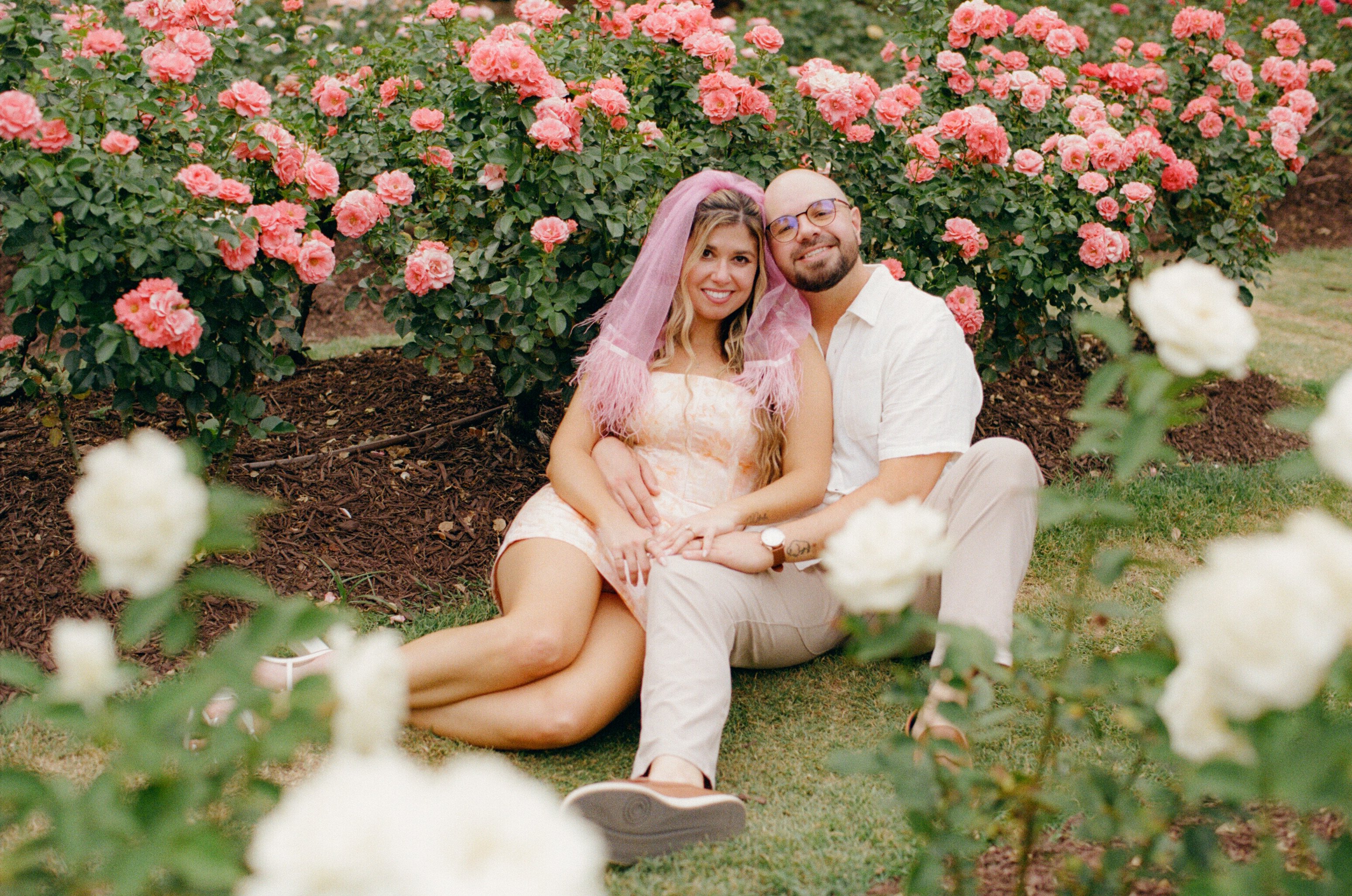 Sitting on the grass in front of a wall of coral roses, with white roses blurred in the foreground.